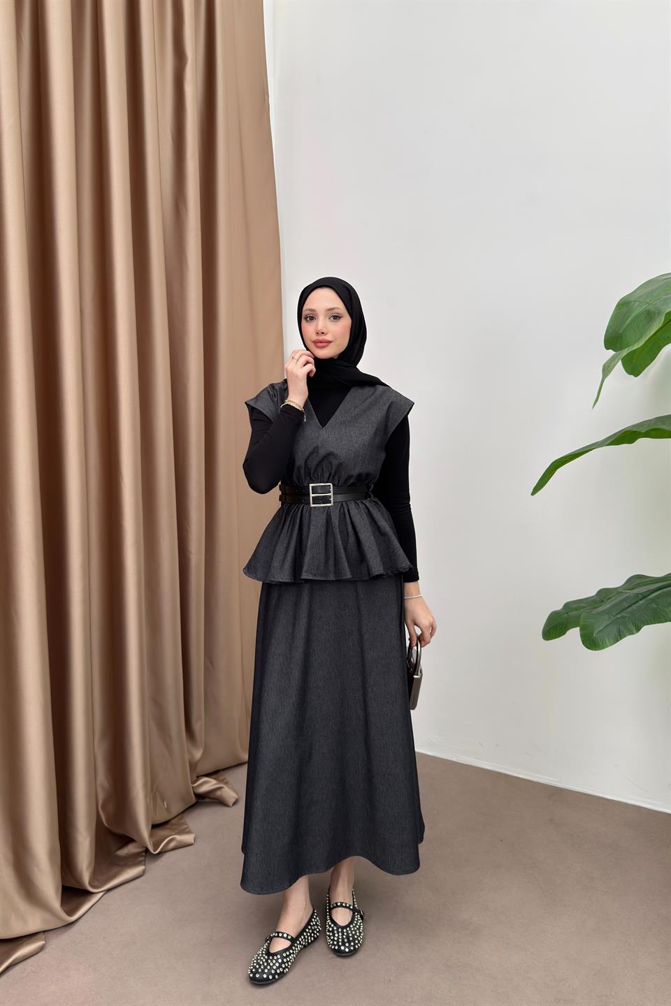 Double Belted Denim Skirt Suit - Black