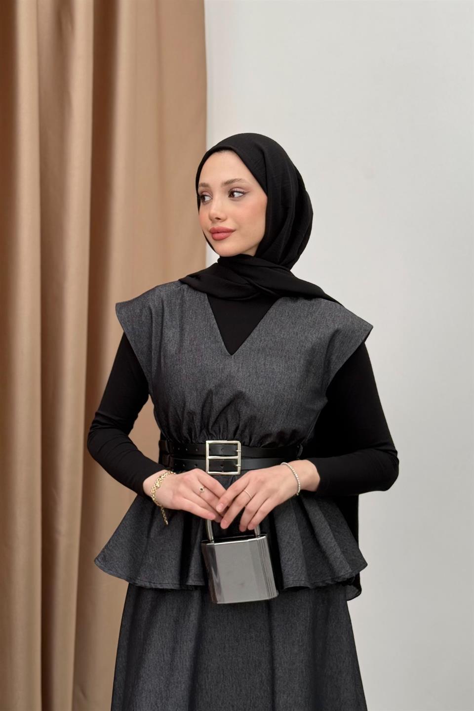 Double Belted Denim Skirt Suit - Black