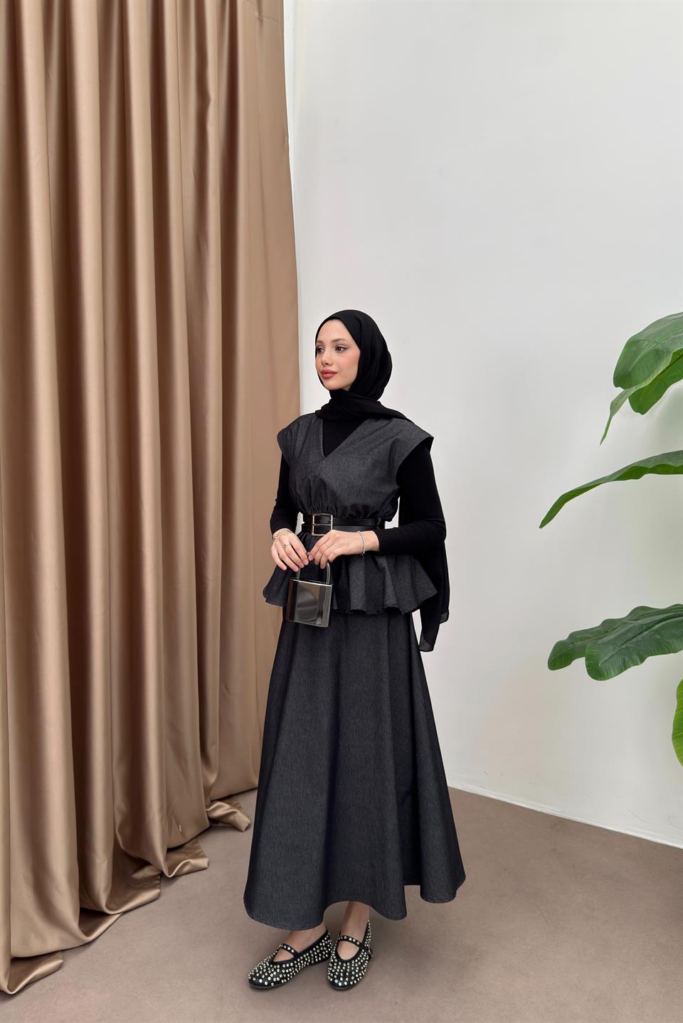 Double Belted Denim Skirt Suit - Black