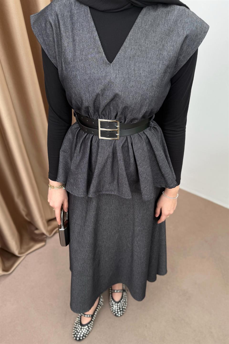 Double Belted Denim Skirt Suit - Black