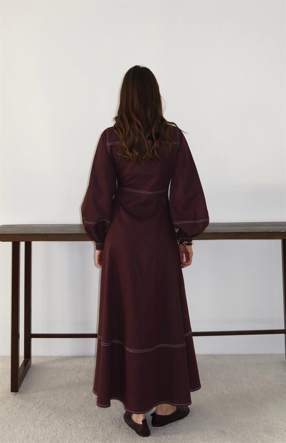 Çıt Çıt Düğmeli Bağlamalı Kot Elbise - Bordo