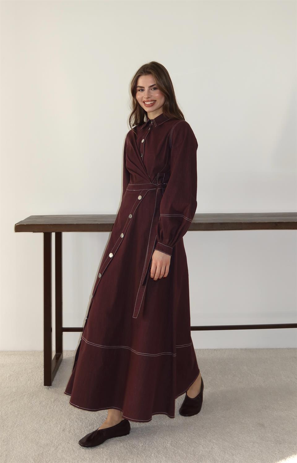 Çıt Çıt Düğmeli Bağlamalı Kot Elbise - Bordo