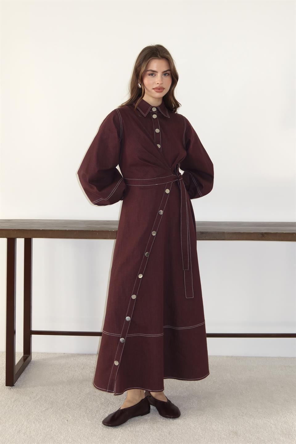 Çıt Çıt Düğmeli Bağlamalı Kot Elbise - Bordo