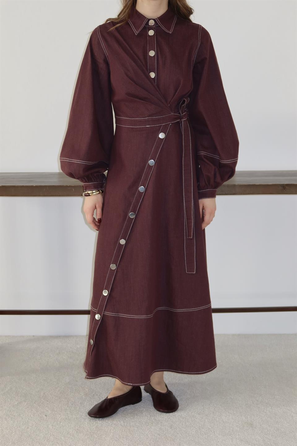 Çıt Çıt Düğmeli Bağlamalı Kot Elbise - Bordo