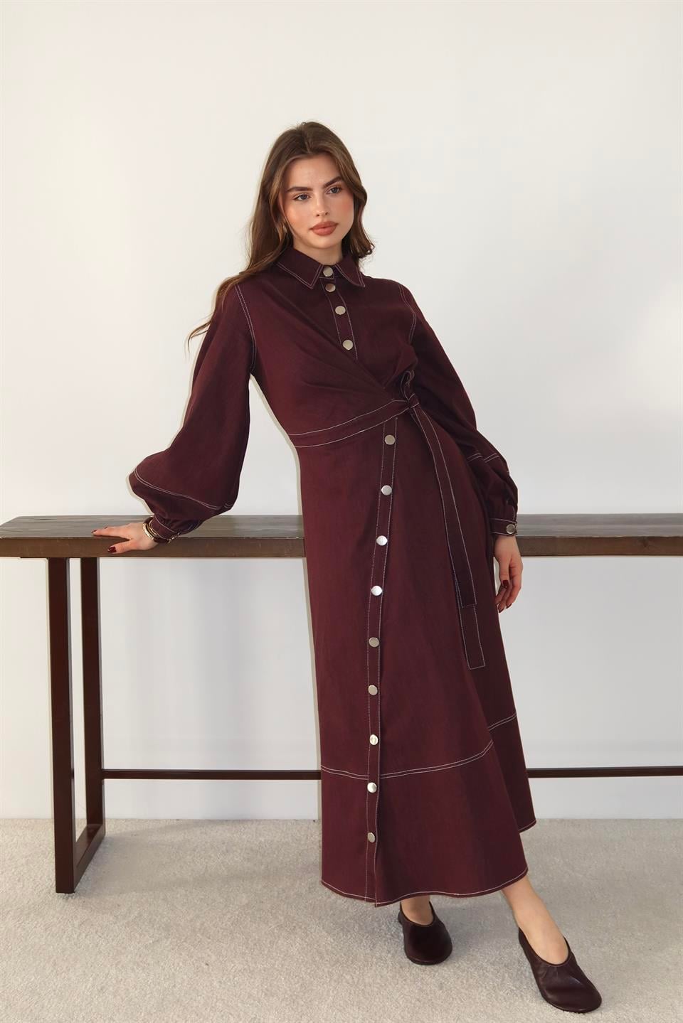 Çıt Çıt Düğmeli Bağlamalı Kot Elbise - Bordo