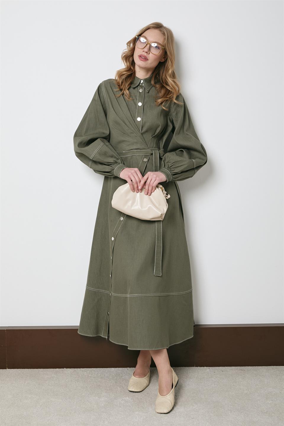 Çıt Çıt Düğmeli Bağlamalı Kot Elbise - Haki