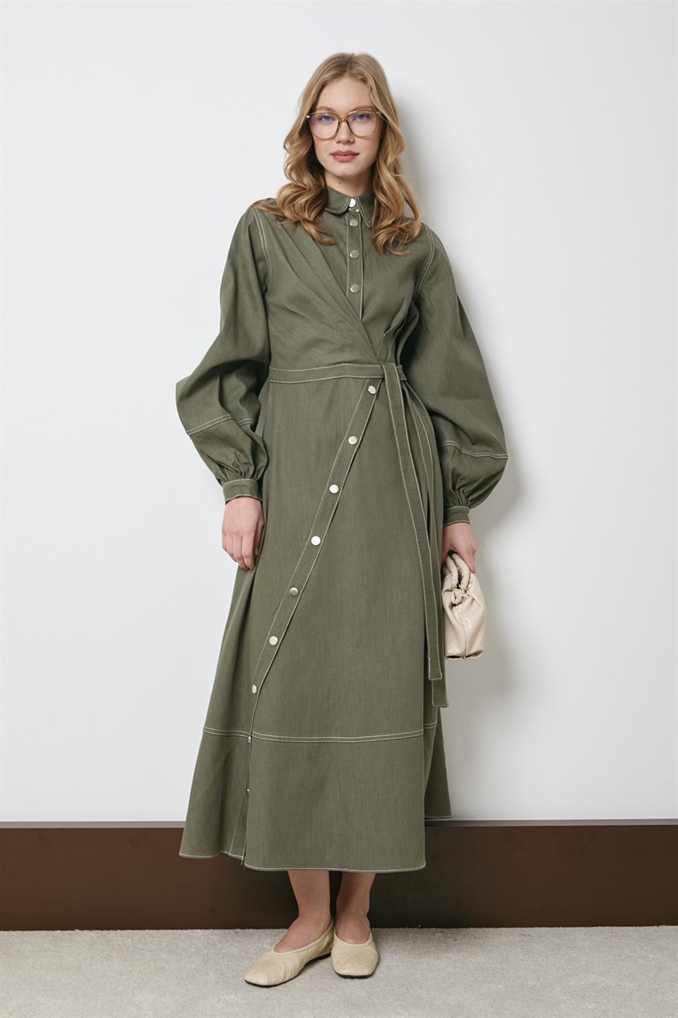 Çıt Çıt Düğmeli Bağlamalı Kot Elbise - Haki