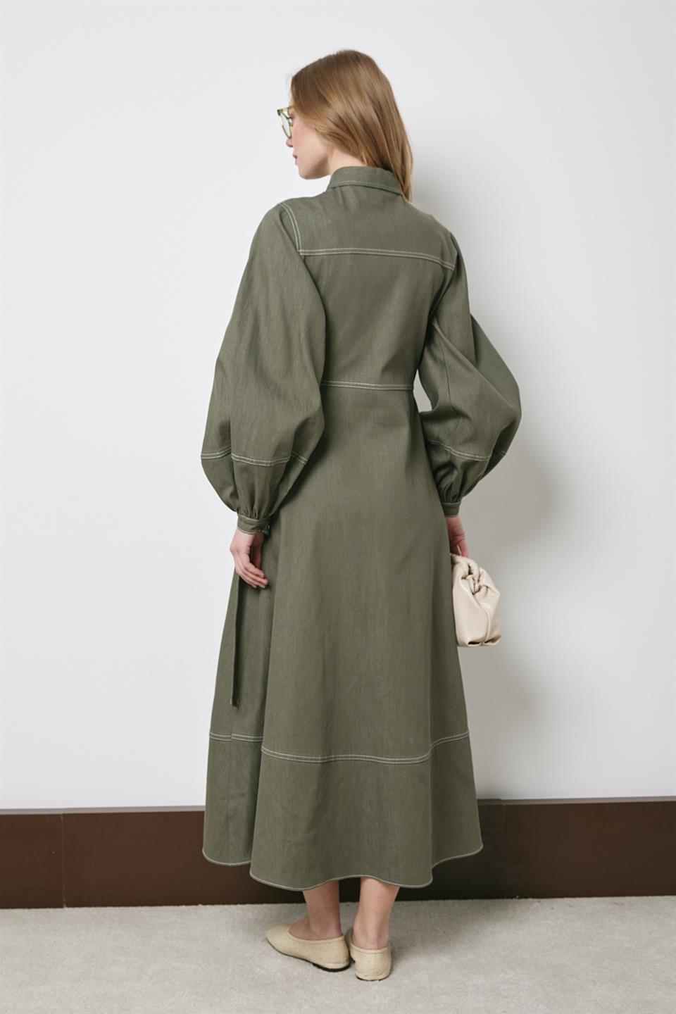 Çıt Çıt Düğmeli Bağlamalı Kot Elbise - Haki