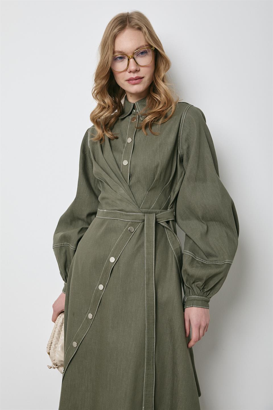 Çıt Çıt Düğmeli Bağlamalı Kot Elbise - Haki