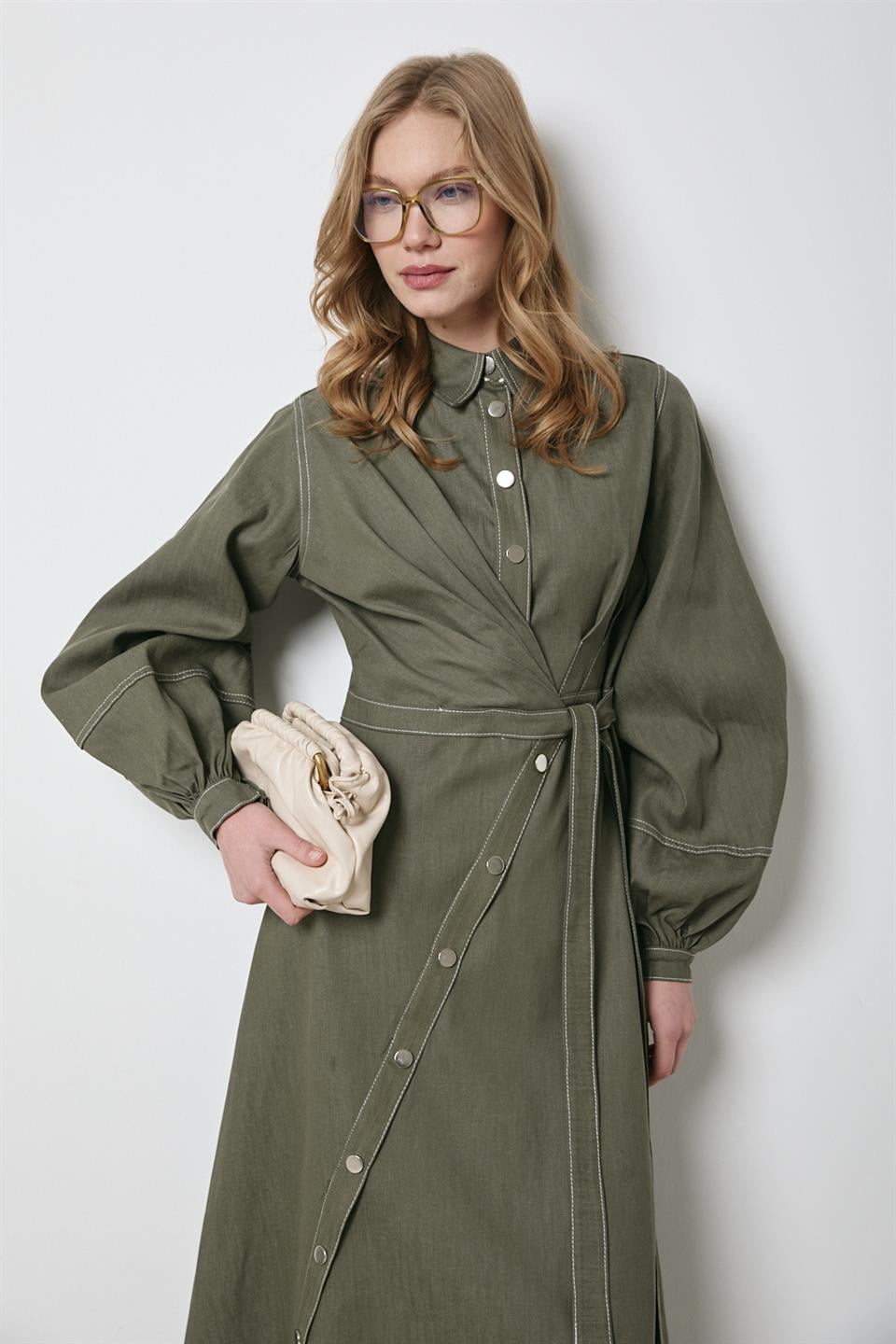 Çıt Çıt Düğmeli Bağlamalı Kot Elbise - Haki