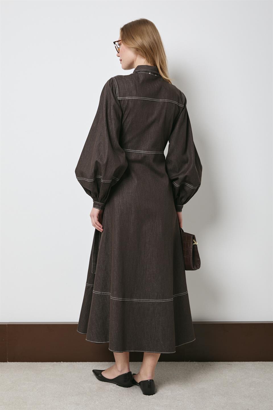 Çıt Çıt Düğmeli Bağlamalı Kot Elbise - Kahve