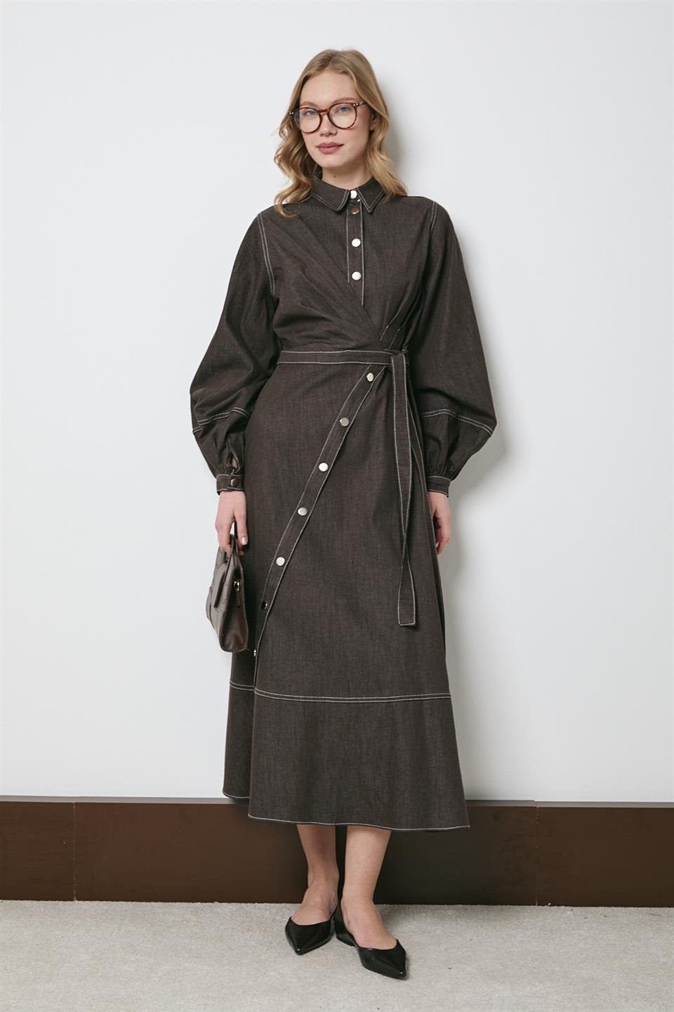 Çıt Çıt Düğmeli Bağlamalı Kot Elbise - Kahve