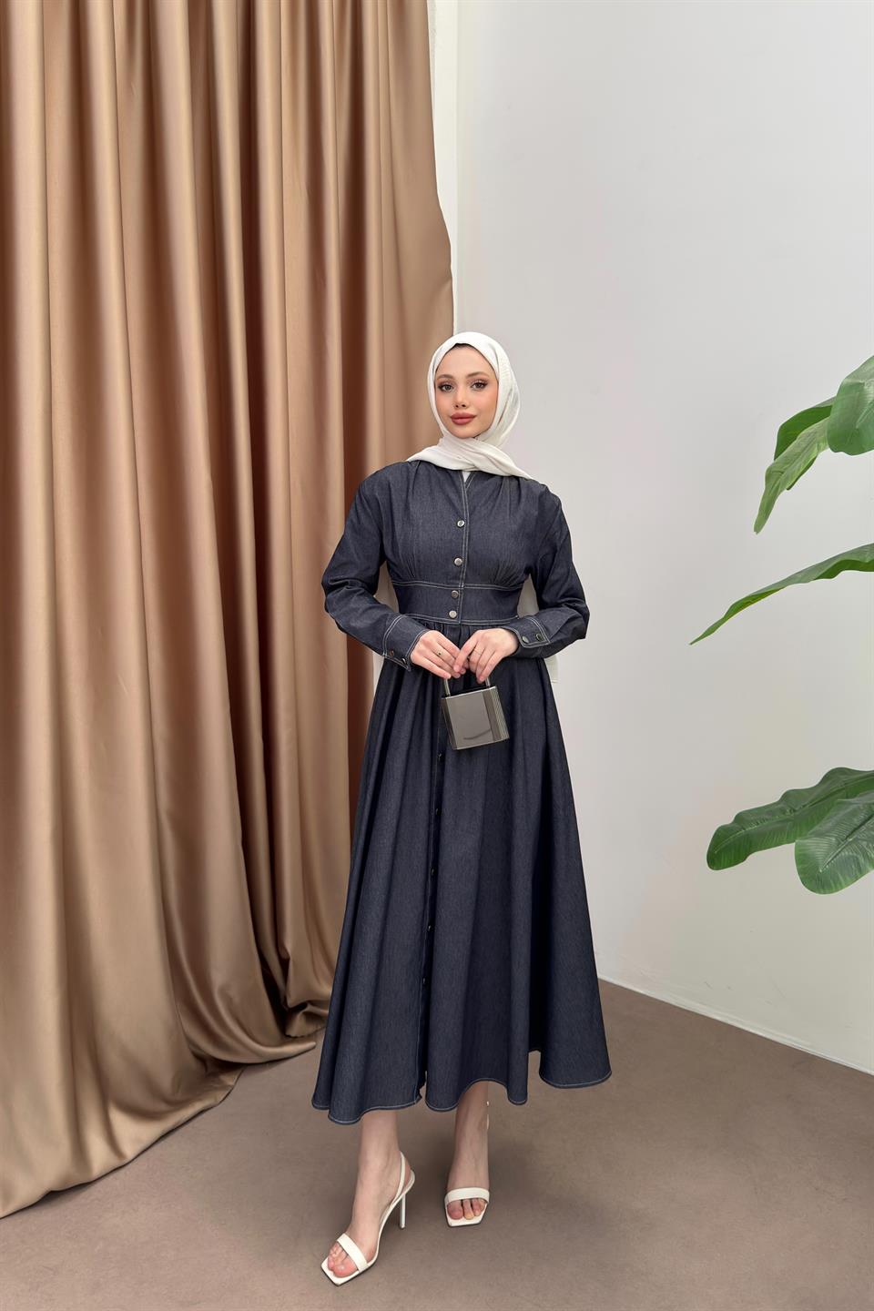 Çıt Çıt Düğmeli Elbise - Mavi