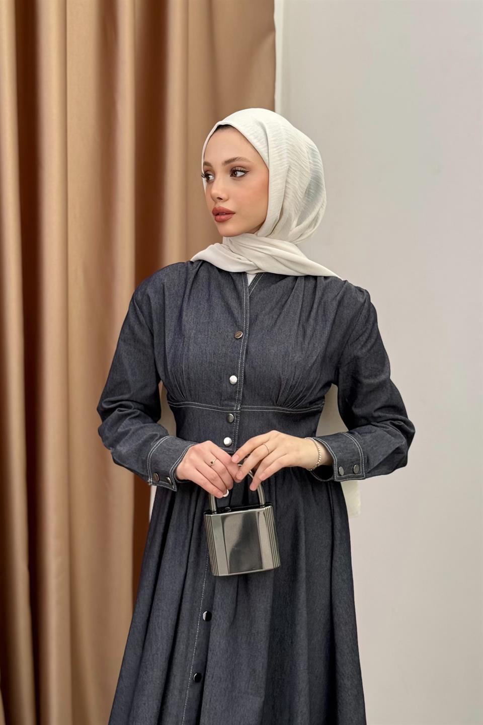 Çıt Çıt Düğmeli Elbise - Mavi