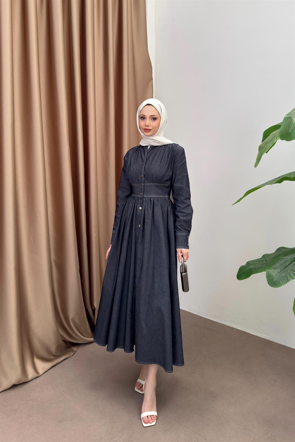 Çıt Çıt Düğmeli Elbise - Mavi