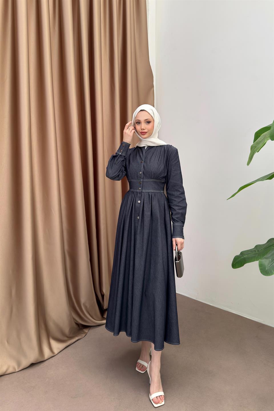 Çıt Çıt Düğmeli Elbise - Mavi