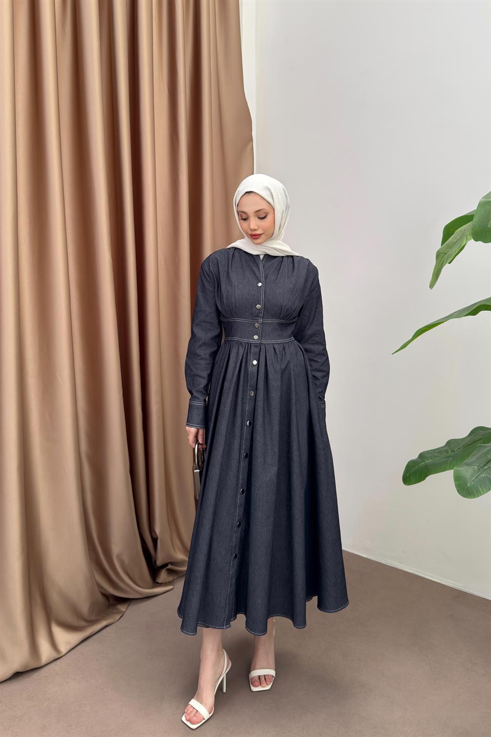 Çıt Çıt Düğmeli Elbise - Mavi