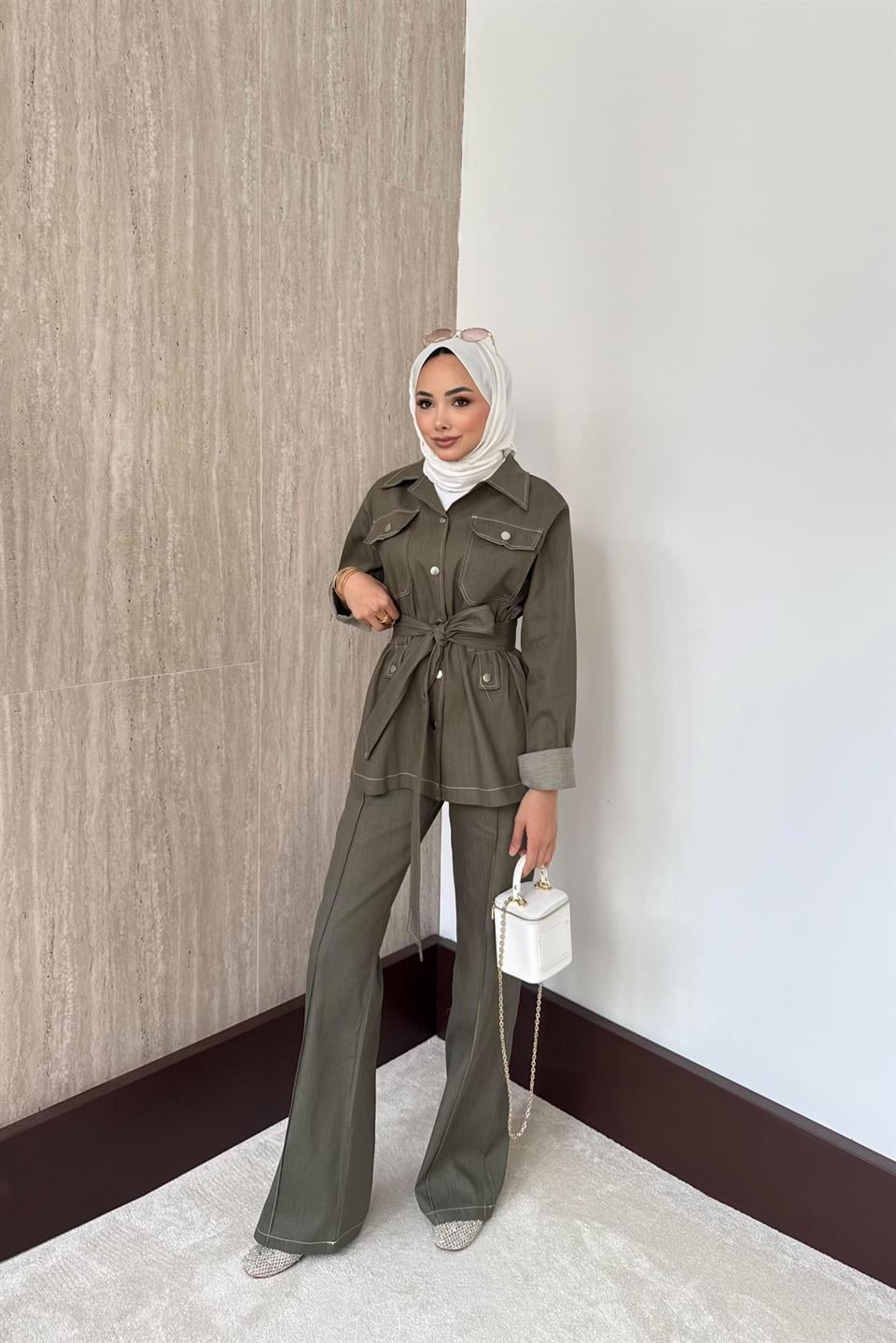 Çıt Çıt Düğmeli Kot Pantolonlu Takım - Haki