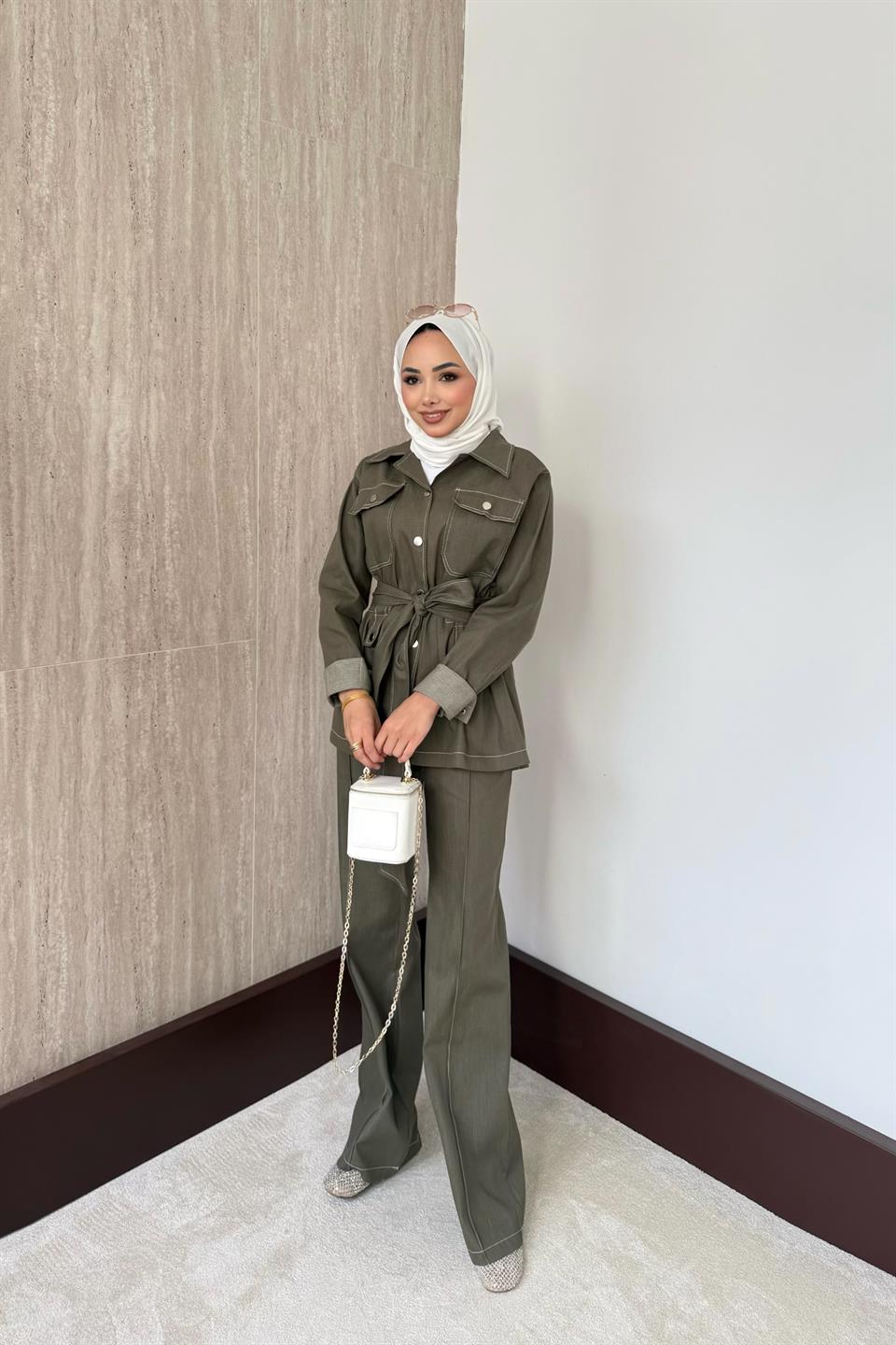 Çıt Çıt Düğmeli Kot Pantolonlu Takım - Haki