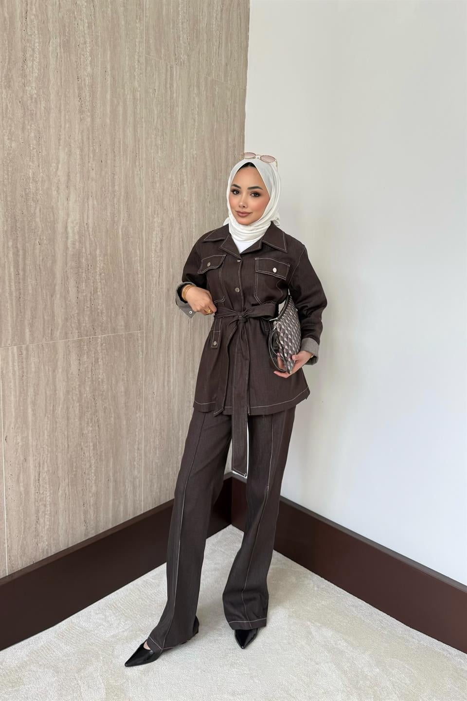 Çıt Çıt Düğmeli Kot Pantolonlu Takım - Kahve