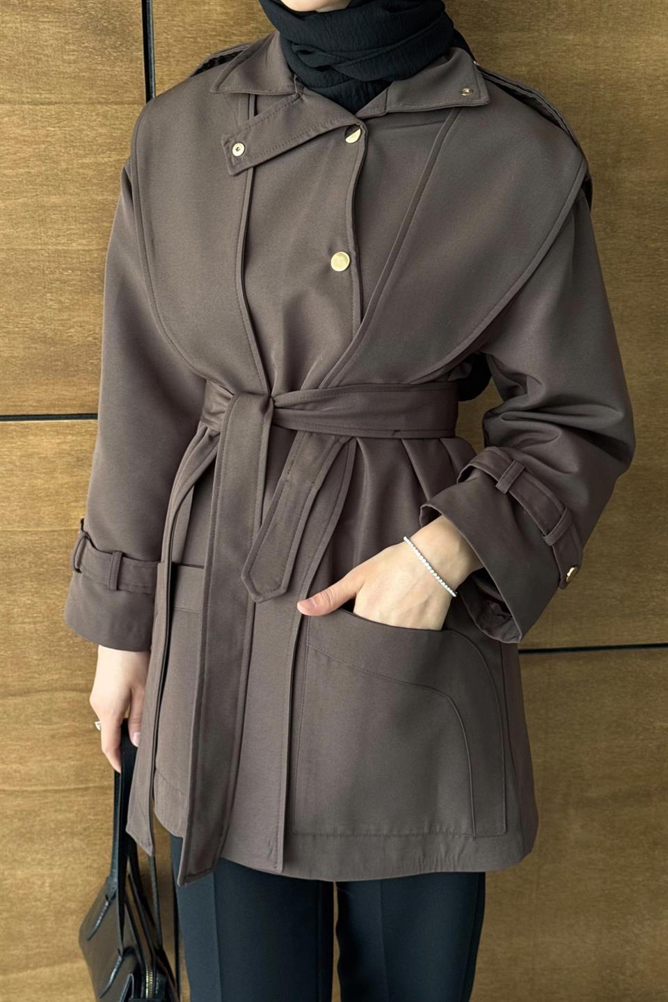 Trench Coat with Snap Buttons - Brown