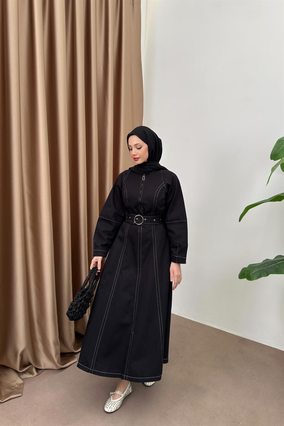 Çizgili Gabardin Elbise - Siyah