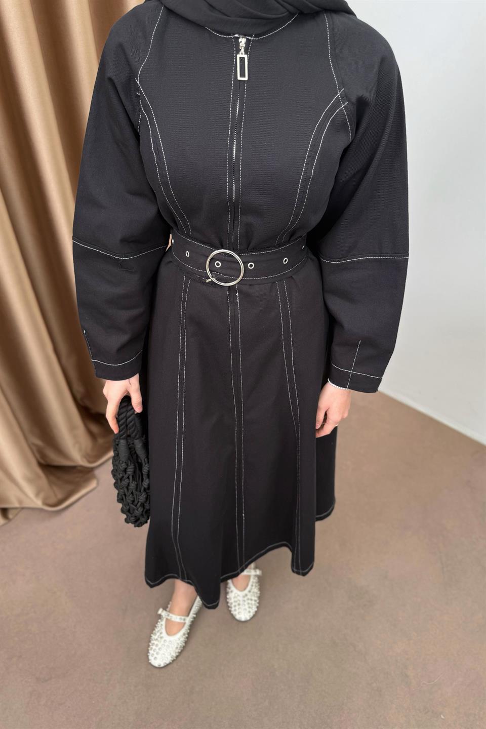 Çizgili Gabardin Elbise - Siyah