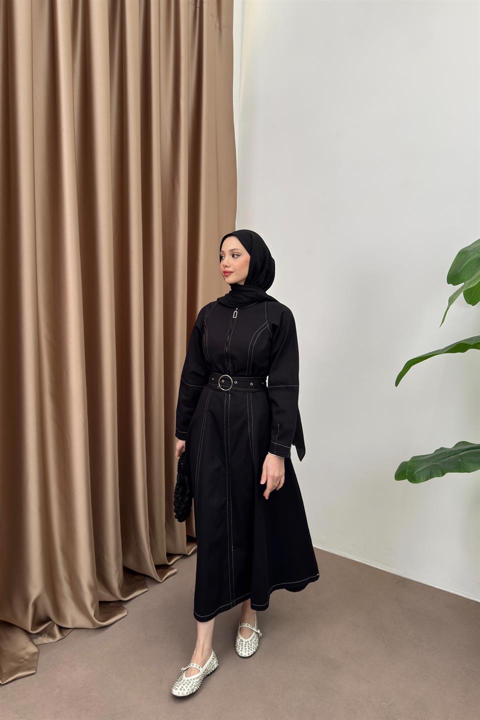 Çizgili Gabardin Elbise - Siyah