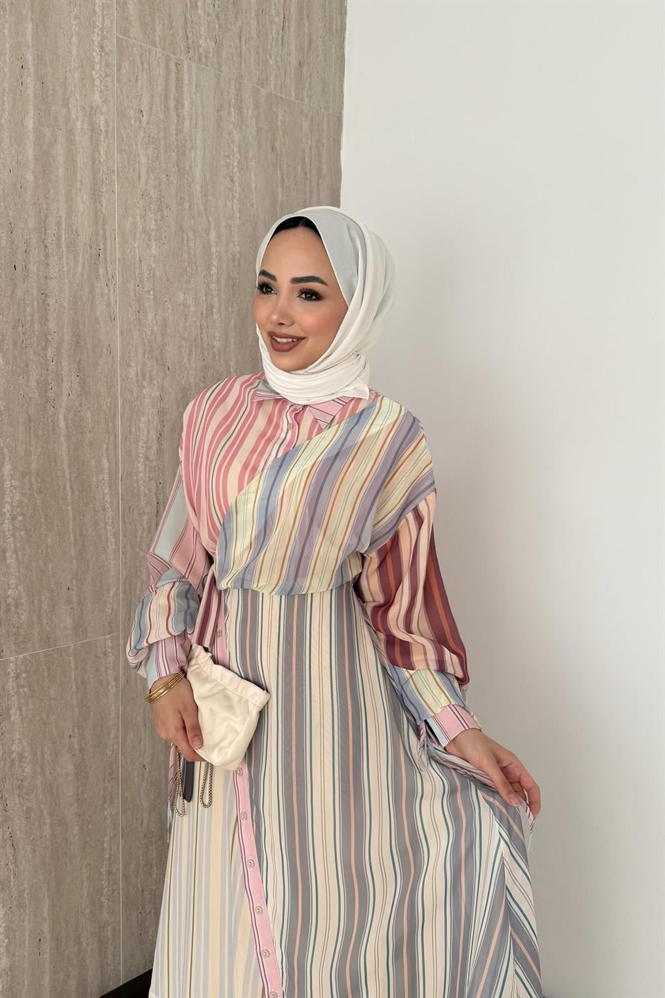 Çizgili Şifon Elbise - Pembe