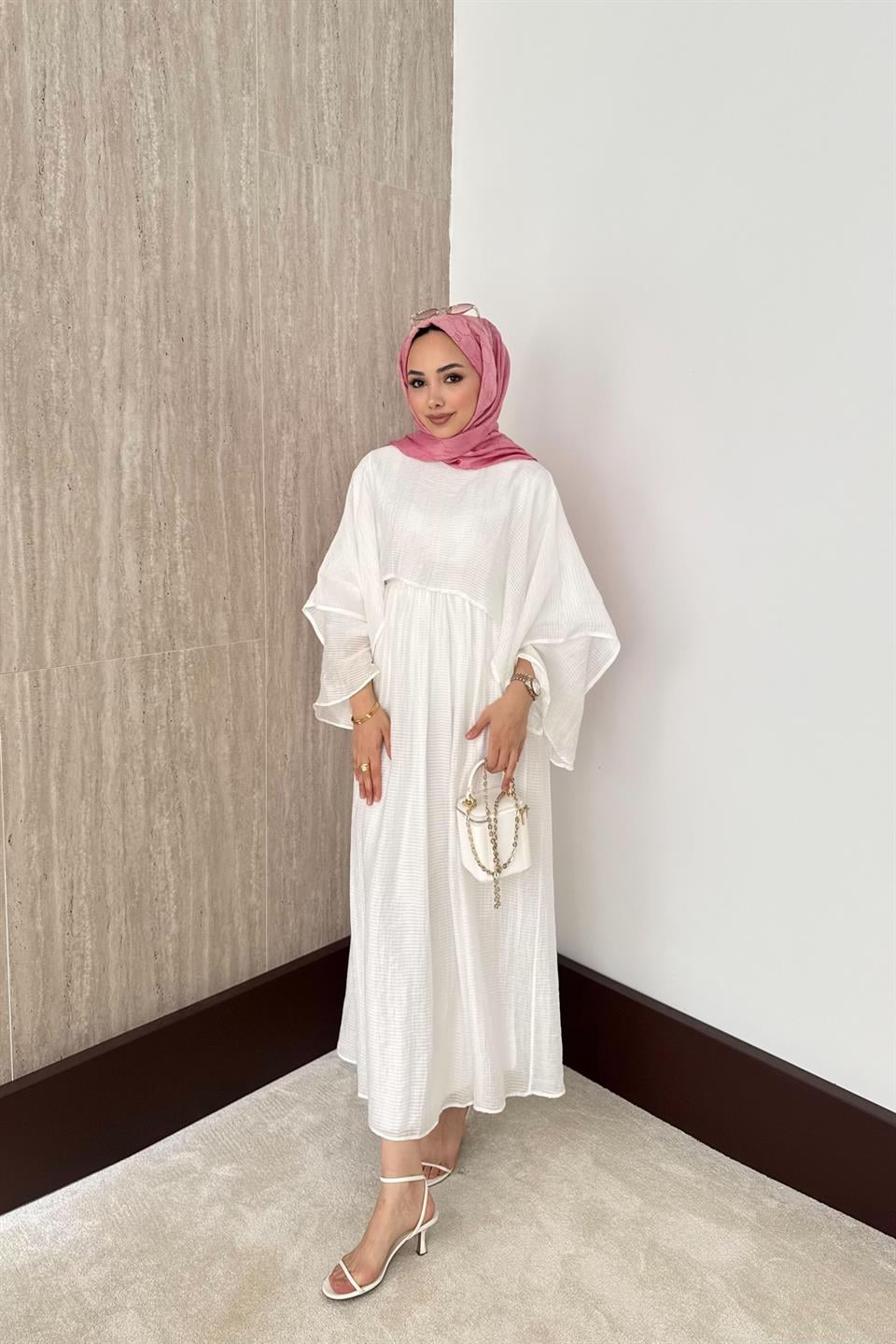 Çizgili Vual Etekli Takım - Beyaz