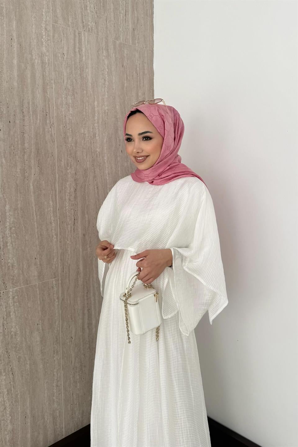 Çizgili Vual Etekli Takım - Beyaz