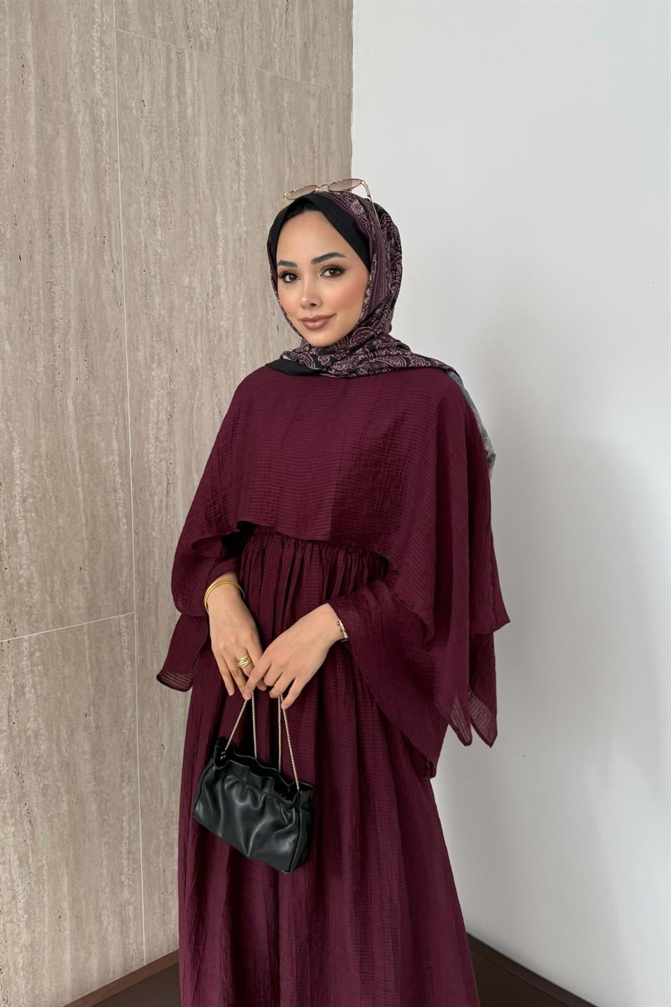 Çizgili Vual Etekli Takım - Bordo