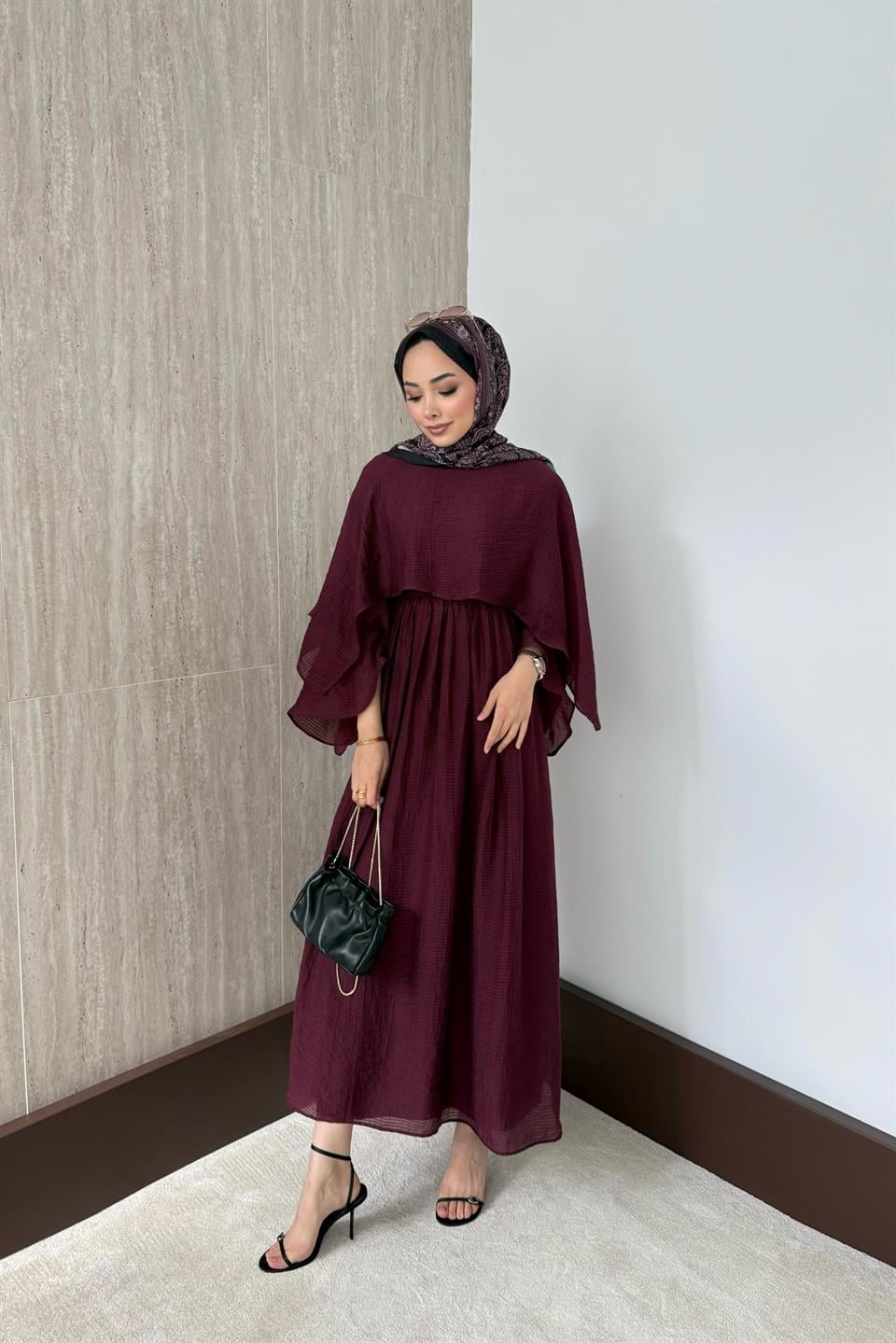 Çizgili Vual Etekli Takım - Bordo