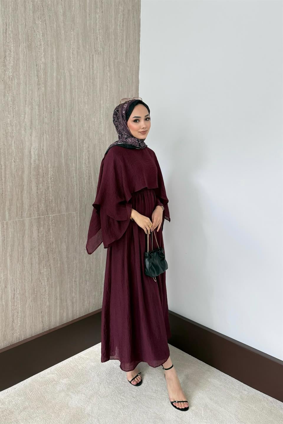 Çizgili Vual Etekli Takım - Bordo