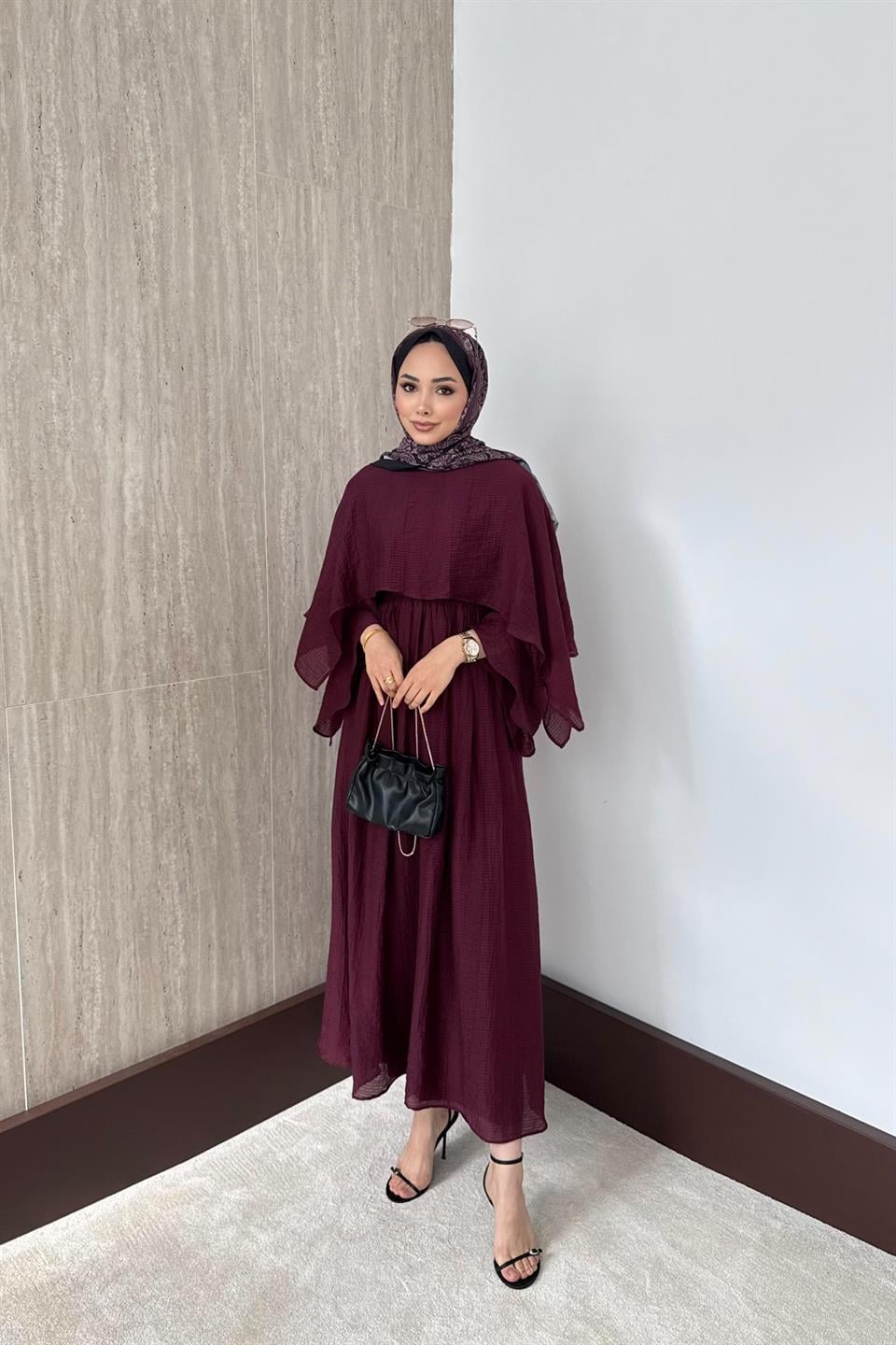 Çizgili Vual Etekli Takım - Bordo