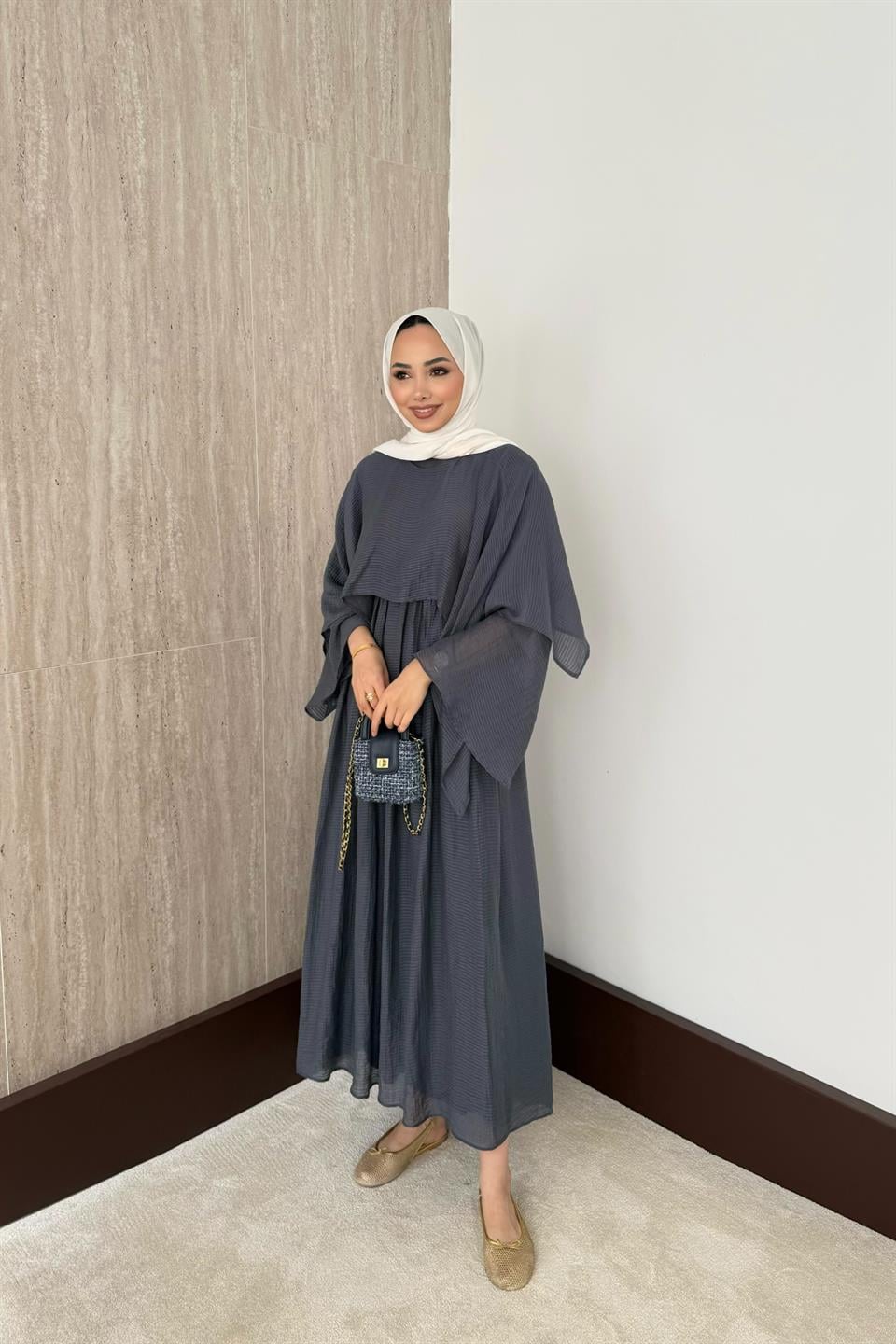 Çizgili Vual Etekli Takım - İndigo