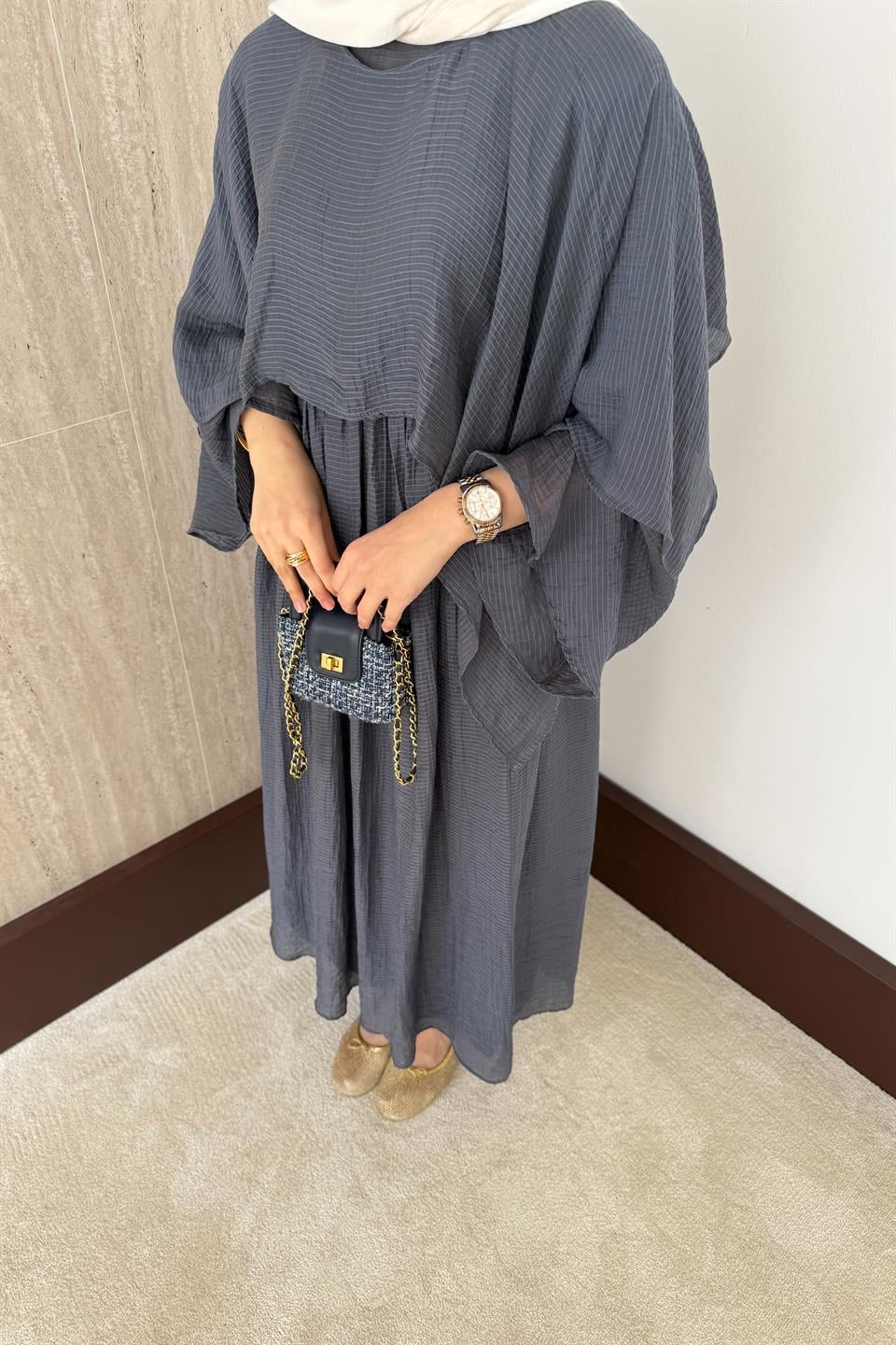 Çizgili Vual Etekli Takım - İndigo