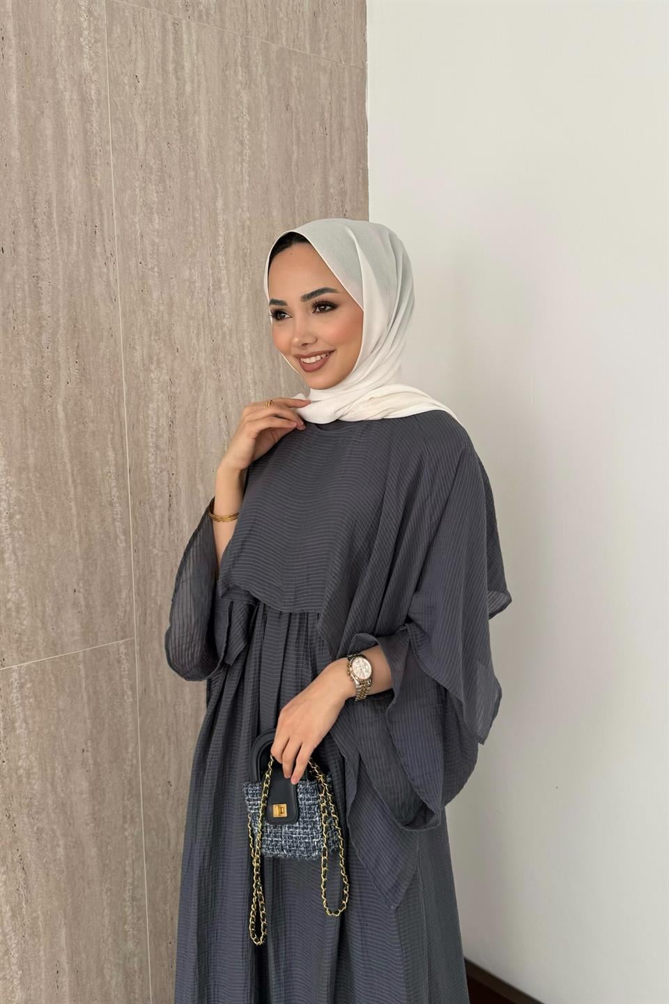 Çizgili Vual Etekli Takım - İndigo