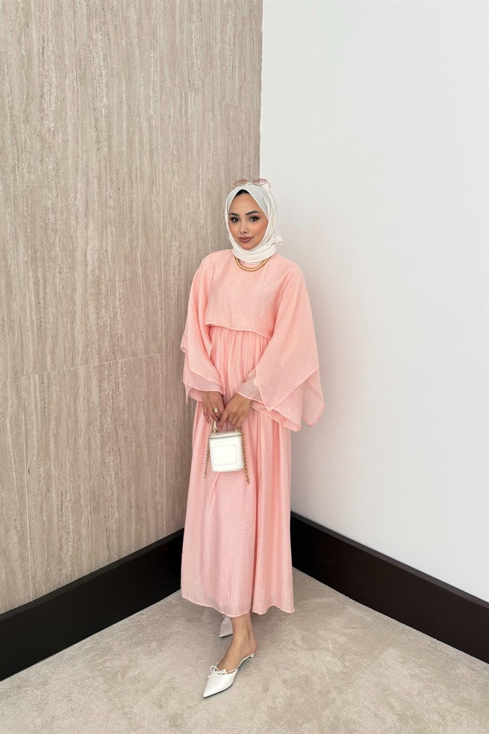 Çizgili Vual Etekli Takım - Pembe