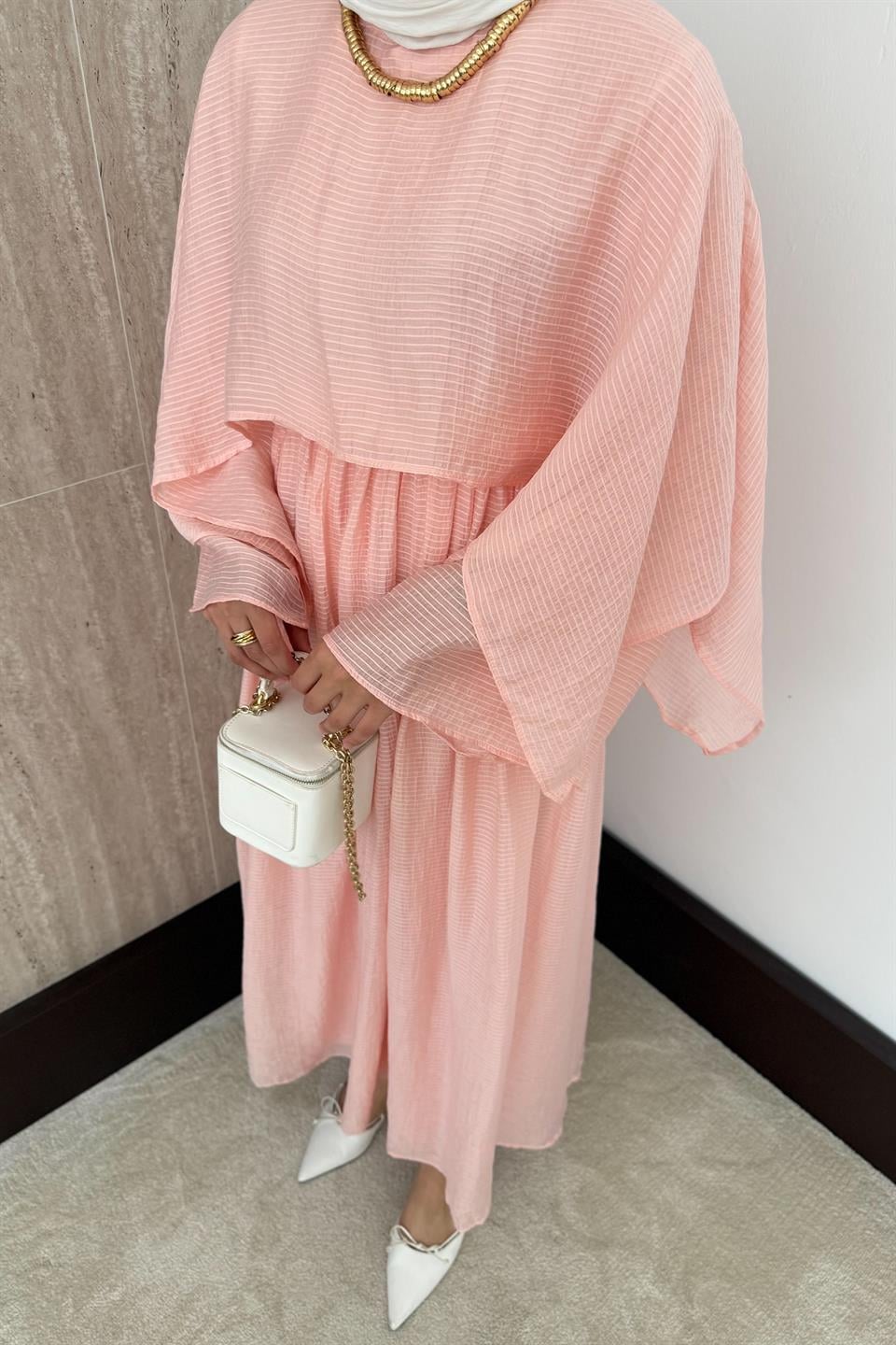 Çizgili Vual Etekli Takım - Pembe