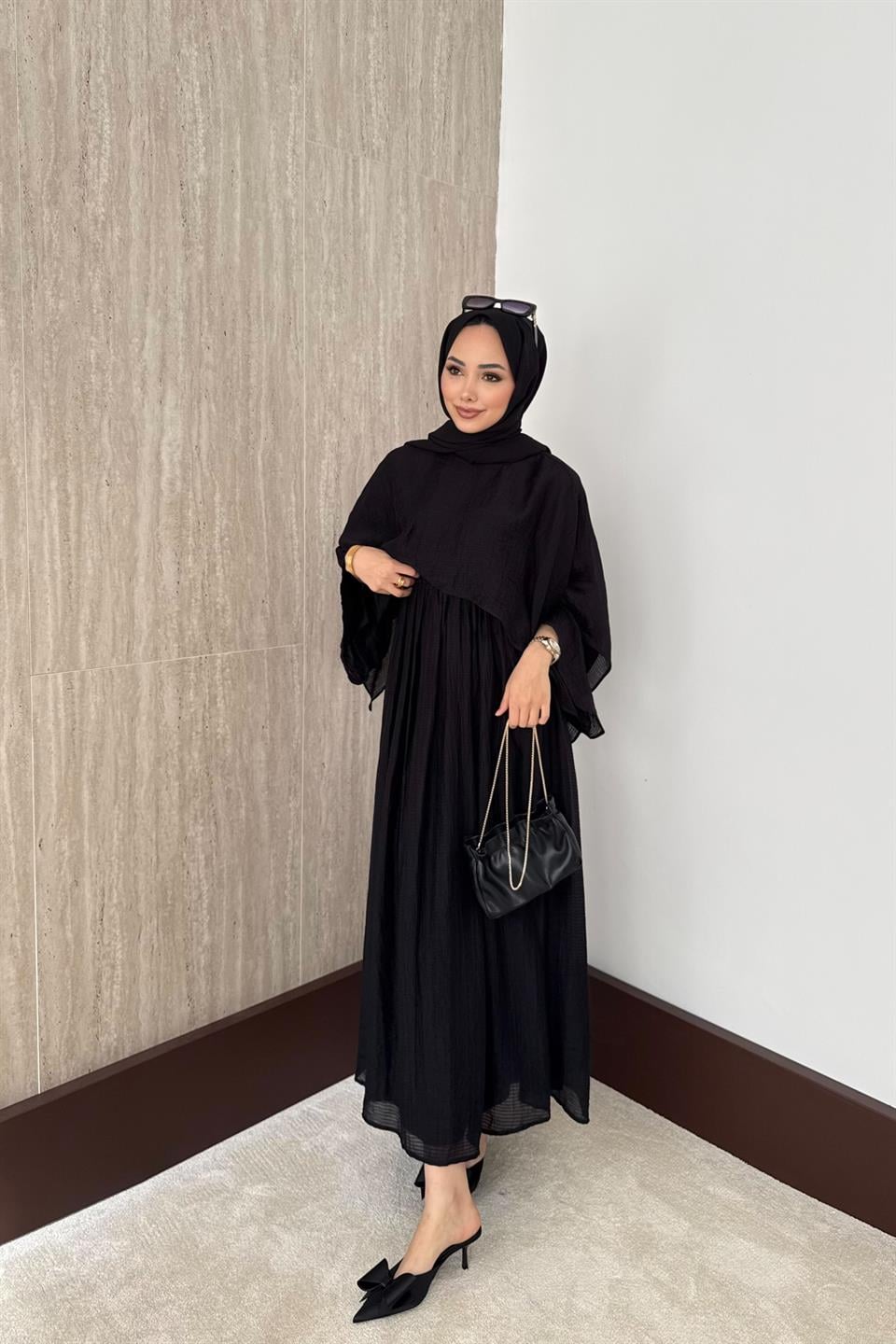 Çizgili Vual Etekli Takım - Siyah