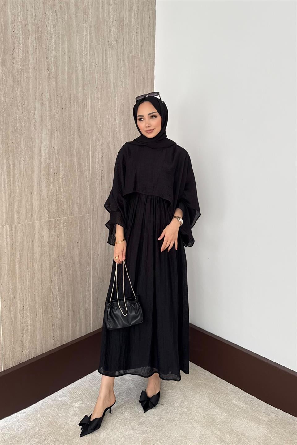 Çizgili Vual Etekli Takım - Siyah