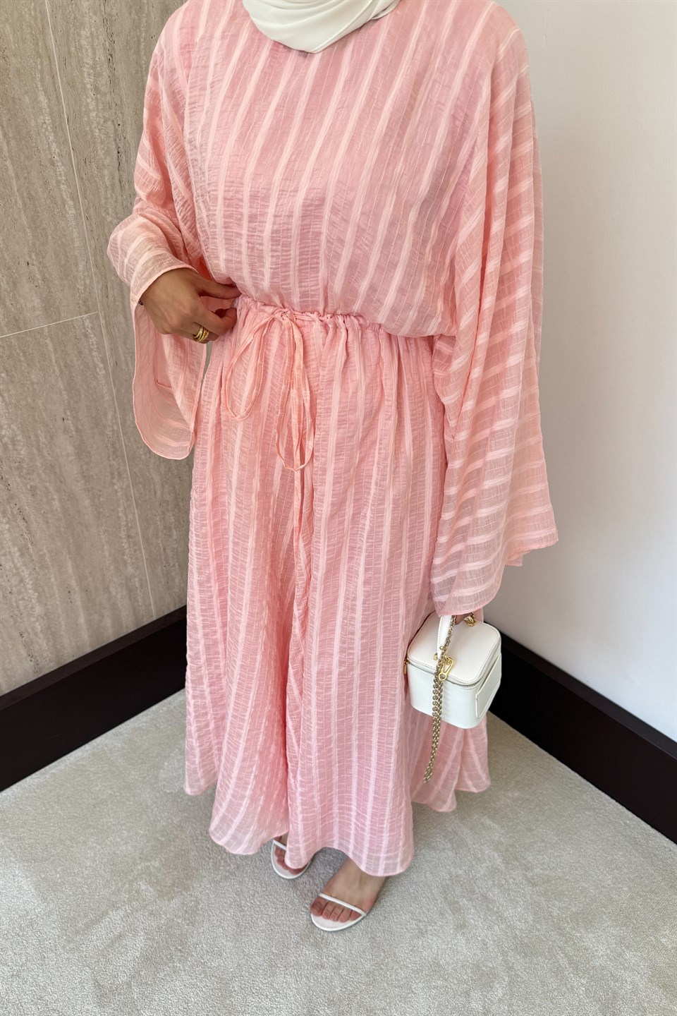 Çizgili Vual Pantolonlu Takım - Pembe