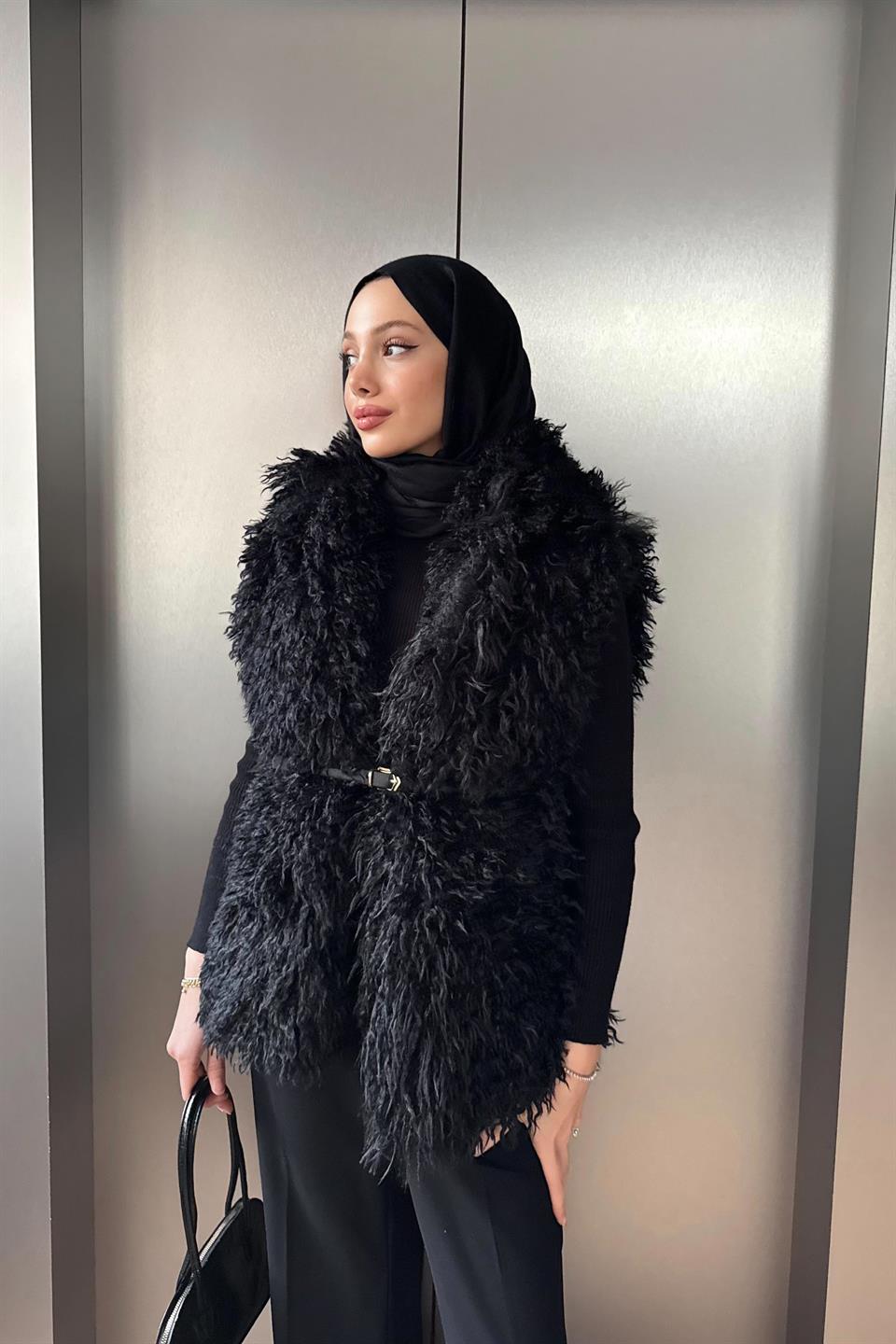Curly Peluş Yelek - Siyah
