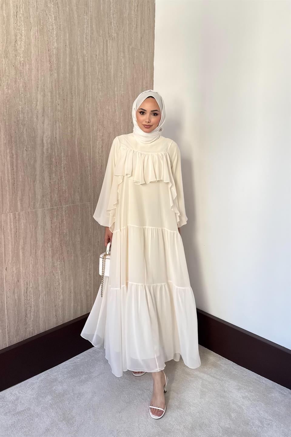 Daisy Fırfırlı Şifon Elbise - Bej