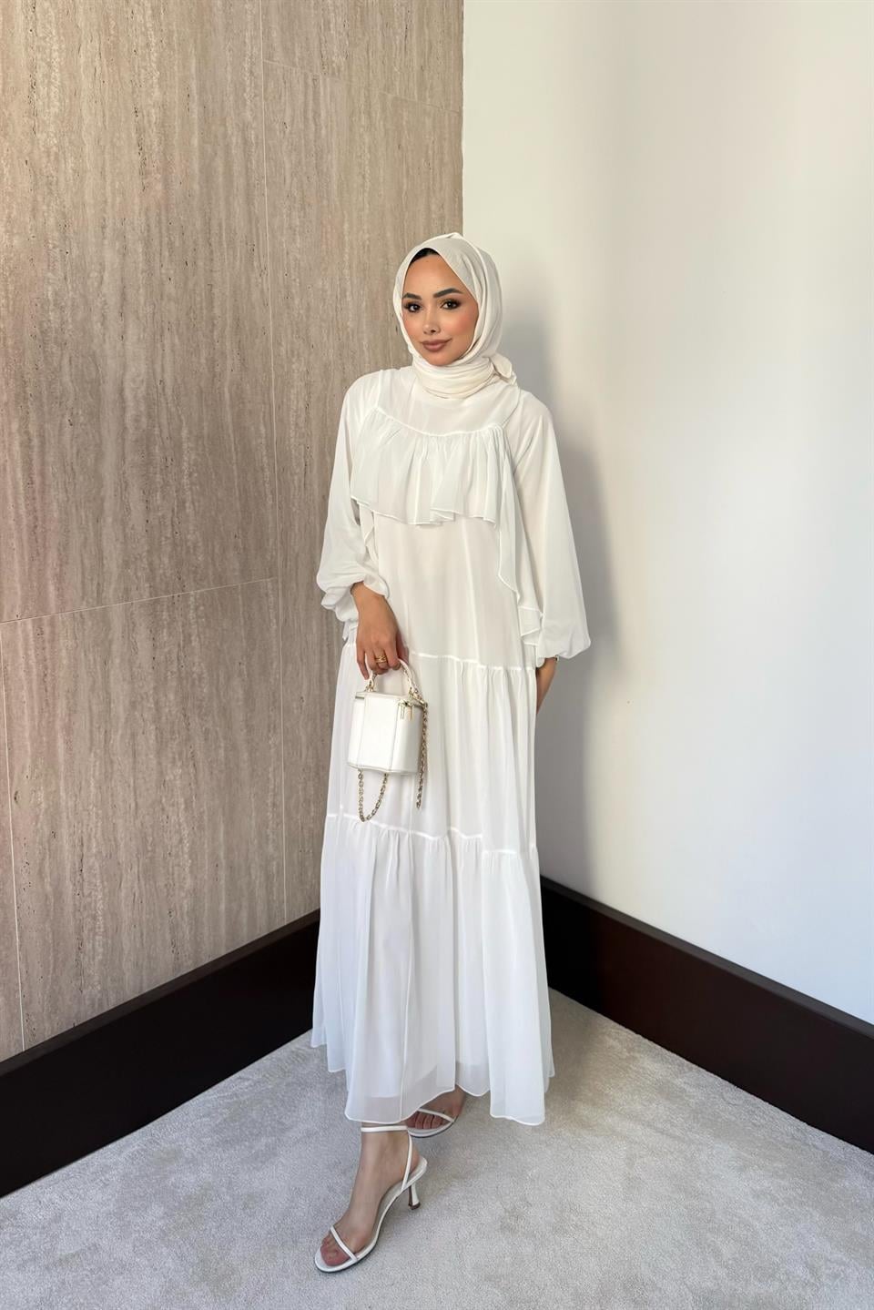 Daisy Fırfırlı Şifon Elbise - Beyaz