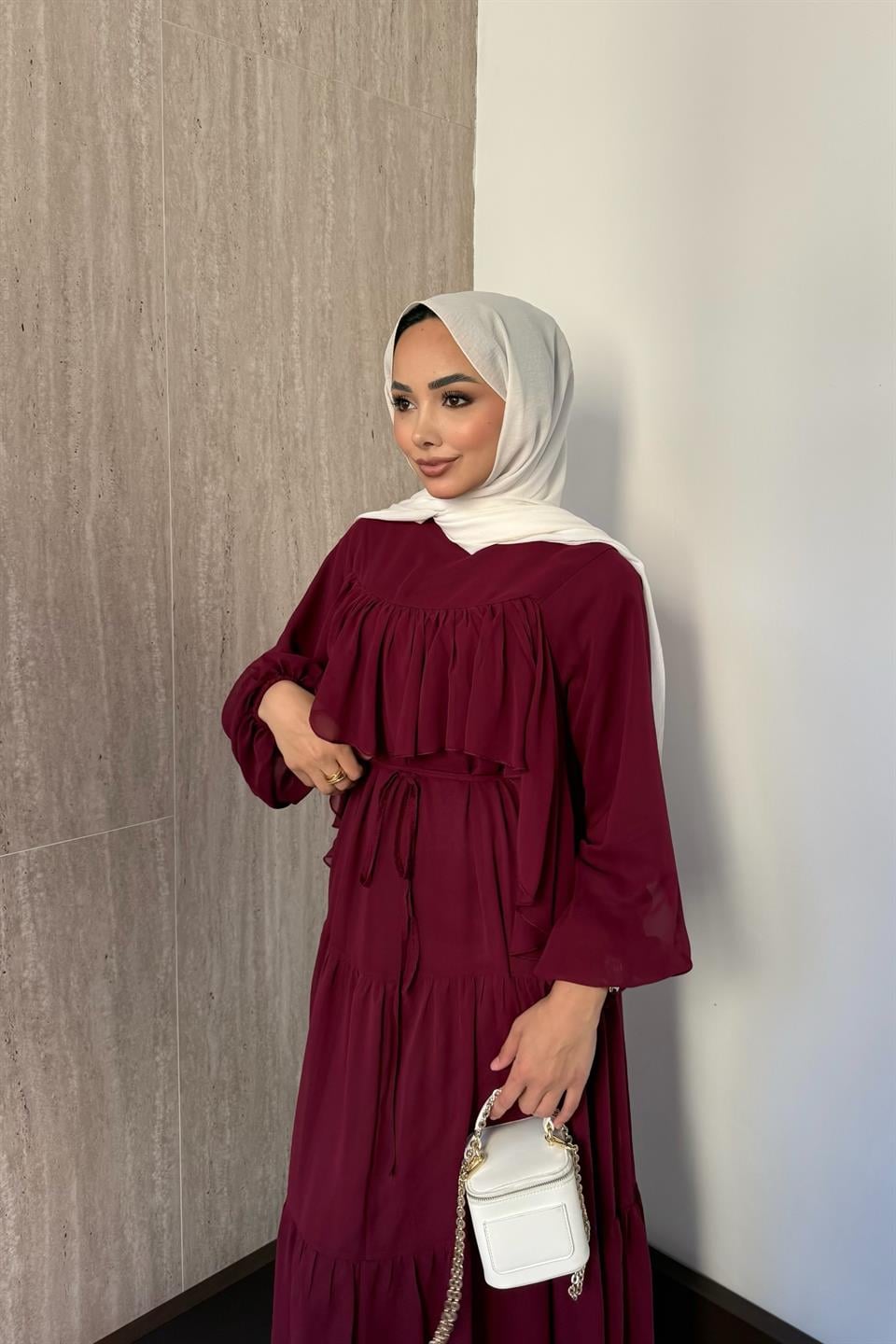 Daisy Fırfırlı Şifon Elbise - Bordo
