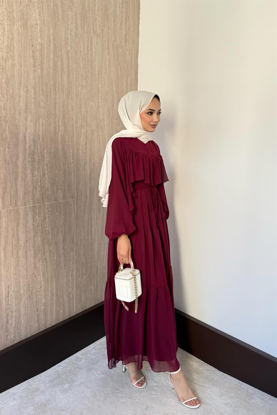 Daisy Fırfırlı Şifon Elbise - Bordo