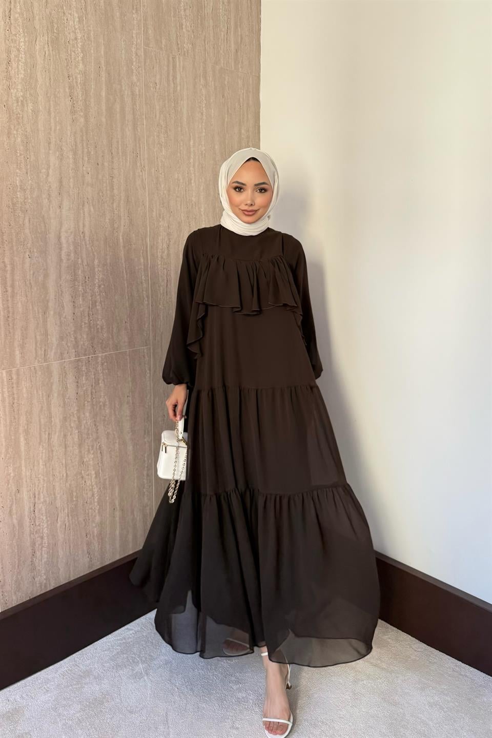 Daisy Fırfırlı Şifon Elbise - Kahve