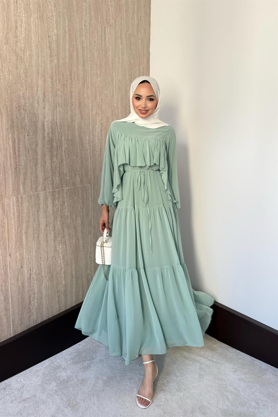 Daisy Fırfırlı Şifon Elbise - Mint